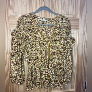 Max Studio Top Womens Yellow Floral V-Neck Long Sleeve Shirring Belt
